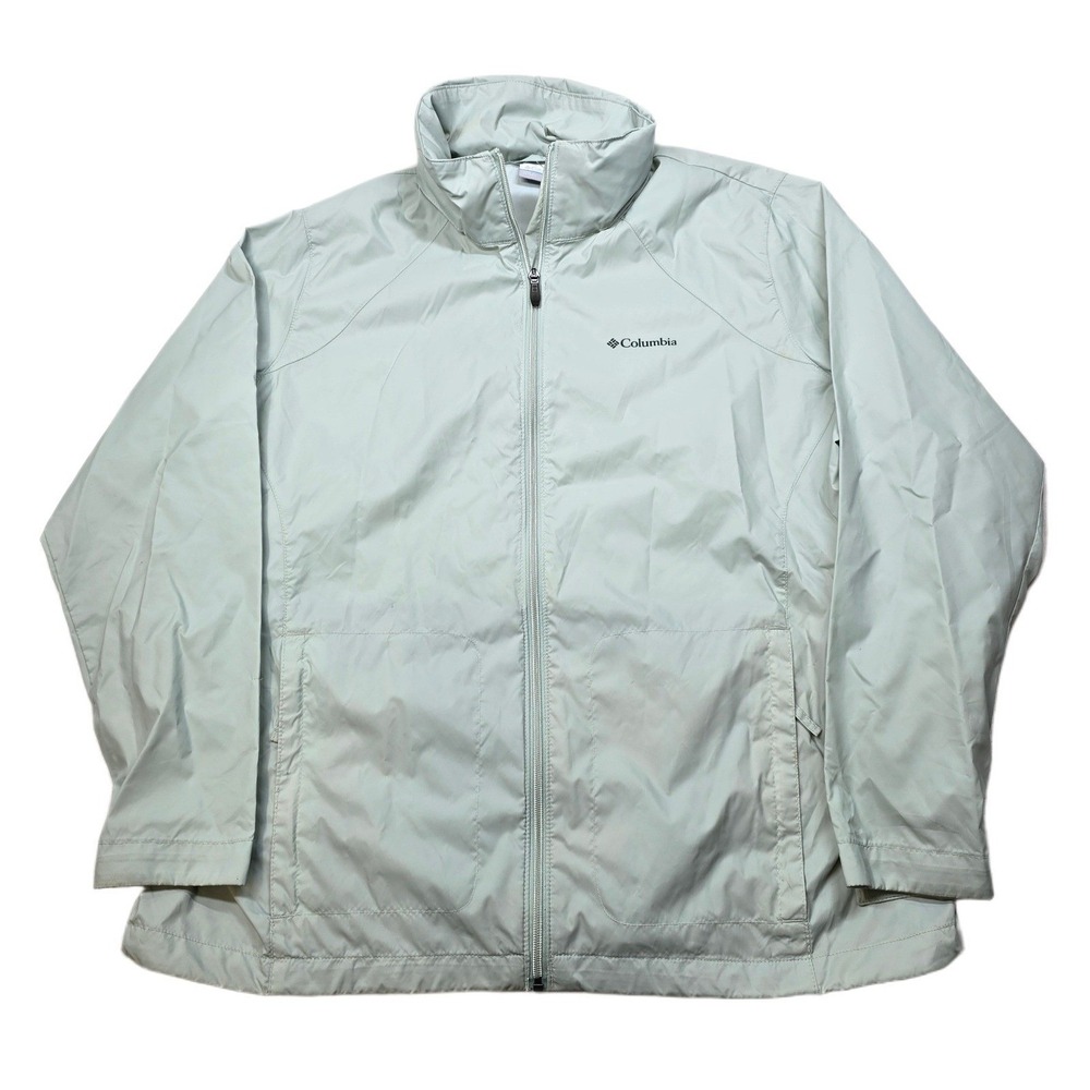 Columbia‎ Rain Jacket Women 1X Plus Light Green Lightweight Wind Stowaway Hood